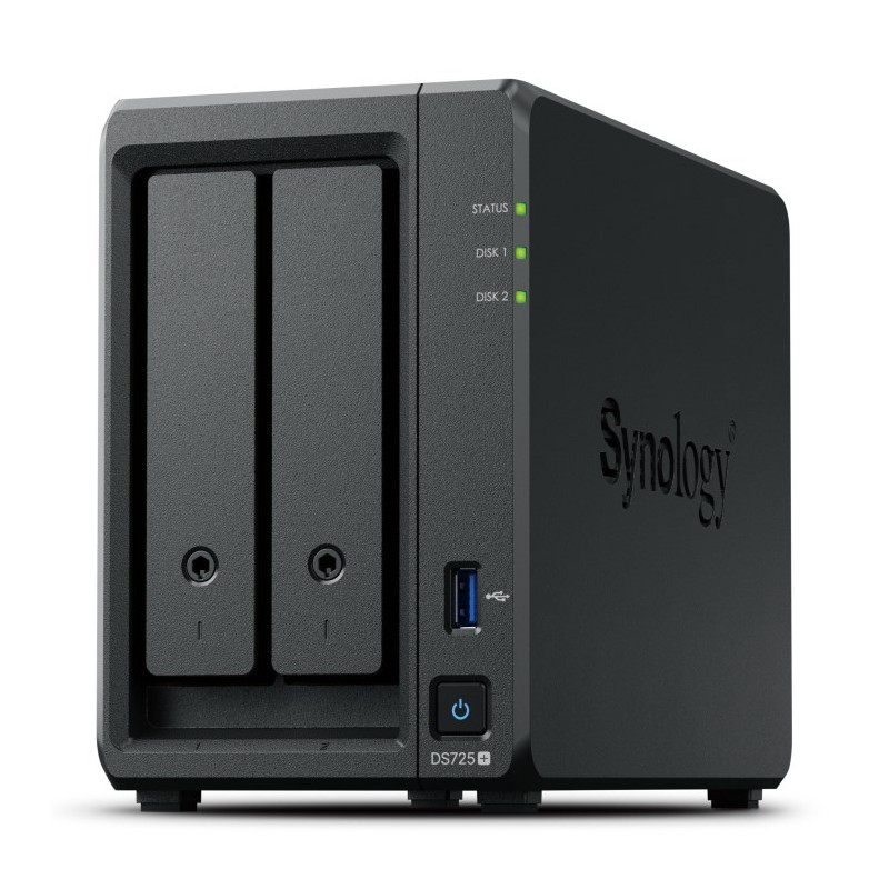 Nas Synology Ds725+, Tower, 2X 2.5"/3.5" Sata + 2X M.2 2280 Nvme Ssd  Amd Ryzen R1600  4Gb Ddr4 (Max.32Gb), 1X 1Gbe Rj-45, 1X 2.