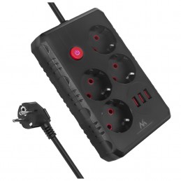 Maclean Listwa Zasilająca, Przedłużacz 4 Gniazda + 3Xusb, 110-240V Ac 50/60Hz, 2.1A Max 2500W, 3M, Czarna, Mce393 B