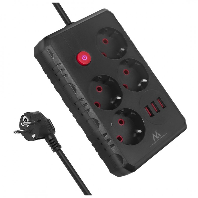 Maclean Listwa Zasilająca, Przedłużacz 4 Gniazda + 3Xusb, 110-240V Ac 50/60Hz, 2.1A Max 2500W, 3M, Czarna, Mce393 B