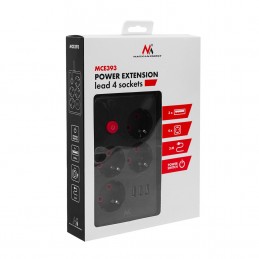 Maclean Listwa Zasilająca, Przedłużacz 4 Gniazda + 3Xusb, 110-240V Ac 50/60Hz, 2.1A Max 2500W, 3M, Czarna, Mce393 B