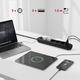 Maclean Listwa Zasilająca, Przedłużacz5 Gniazd + 3Xusb, 110-240V Ac 50/60Hz, 2.1A Max 2500W, 1,5M, Czarna Mce395 B