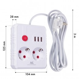 Maclean Listwa Zasilająca, Przedłużacz 2 Gniazda + 3Xusb, 110-240V Ac 50/60Hz, 2.1A Max 2500W, 3 M, Biała Mce388 W
