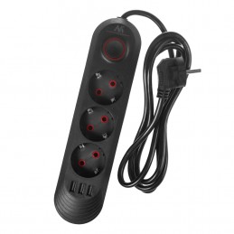 Maclean Listwa Zasilająca, Przedłużacz 3 Gniazda + 3Xusb, 110-240V Ac 50/60Hz, 2.1A Max 2500W, 1,5M, Czarna Mce394 B