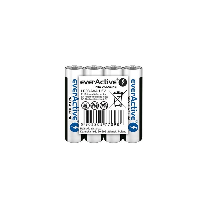 EVERACTIVE BATERIE ALKALICZNE PRO ALKALINE R03, AAA, SHRINK 4SZT , 1250 MAH, WYSOKA WYDAJNOŚĆ, LR03PRO4T